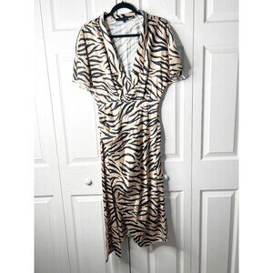 Sally LaPointe Zebra Print Cream Black Drop Collar Satin Dress Women's Size 4